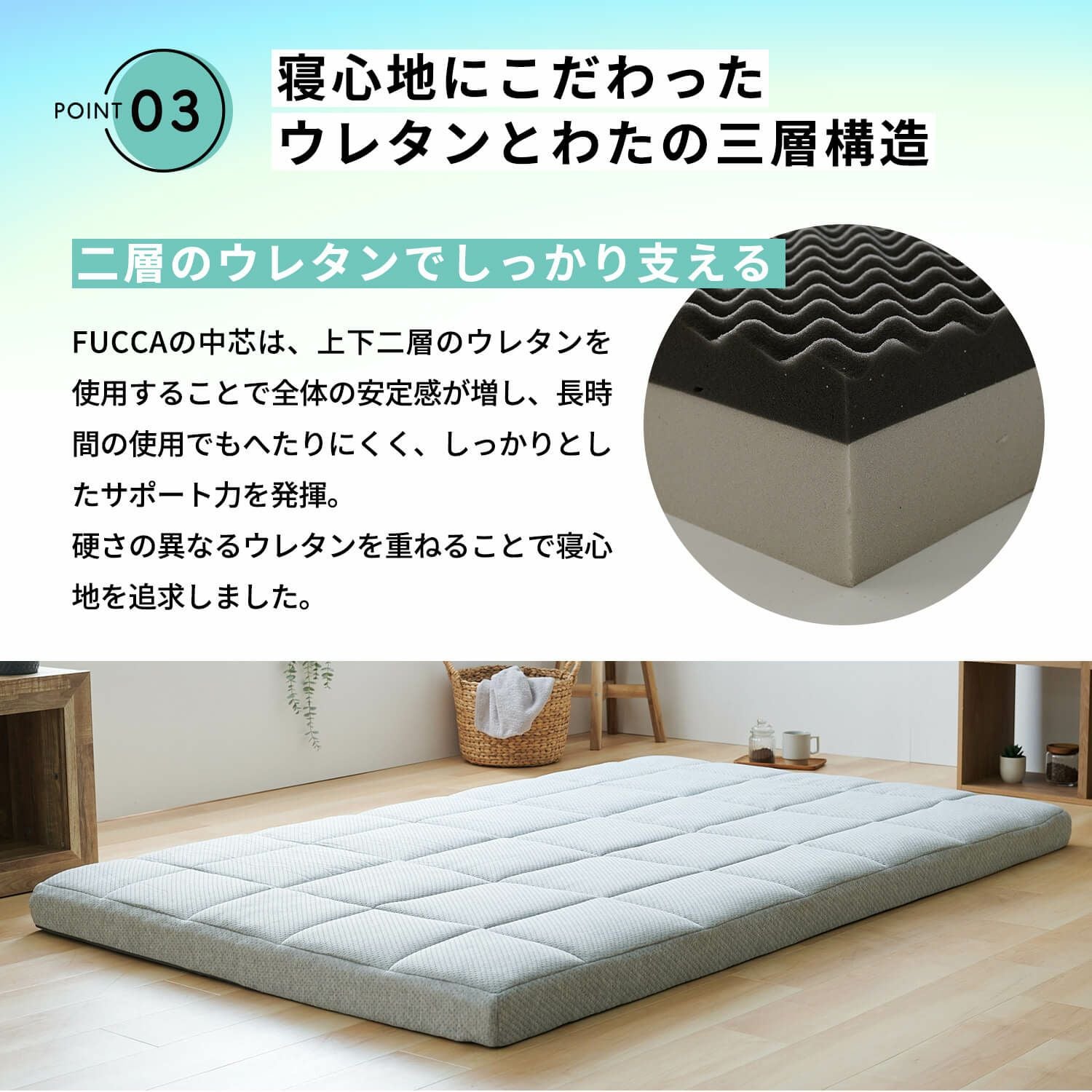 開梱設置なし】【セミダブル】ふとんみたいなマットレス FUCCA(厚み